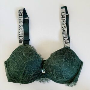 Victoria’s Secret Very Sexy Push Up Bra 32C Green Lace Rhinestone Shine Straps